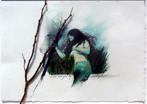 WHAT DID YOU SAY? - Polaroid transfer with graphite, colored pencil, and found object artwork by Sherrie Pettigrew