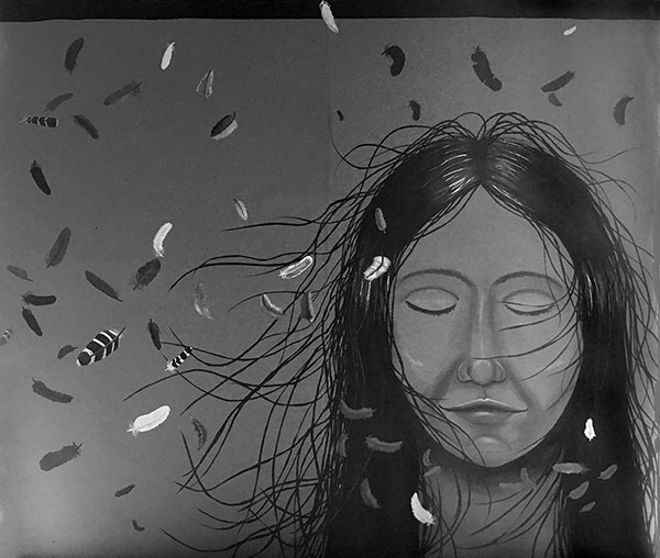 mural artwork of female face and feathers