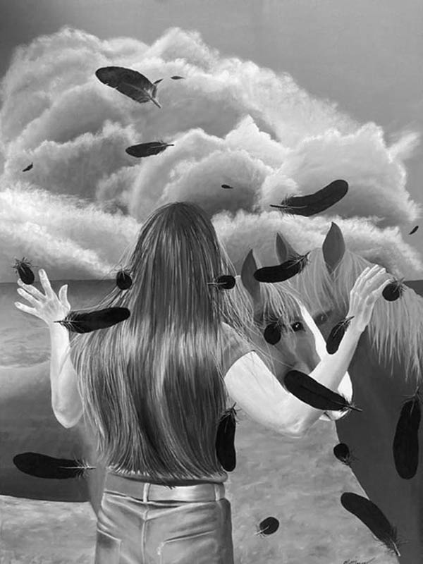 Wild Horses - 3ft x 4ft acrylic paint on canvas of woman and two wild horses artwork by Sherrie Pettigrew